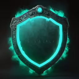 a large neon glowing shield in the middle of a dark room
