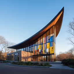 a glass and metal building with colorful windows