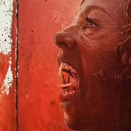 man with dripping teeth in red background