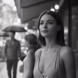 a woman standing in front of a store next to a person