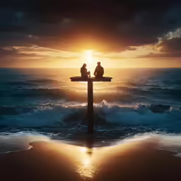 two people are sitting on a post in the middle of a body of water