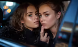 two beautiful young women sitting in the backseat of a car