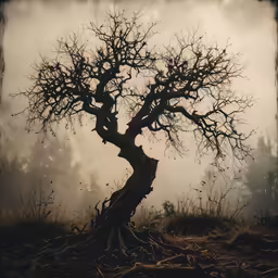a large bare tree with no leaves on the ground