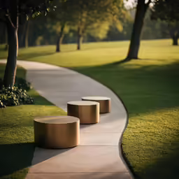 two circular benches are near a sidewalk that leads to some trees