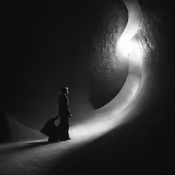 a black and white photo of a person in a cave
