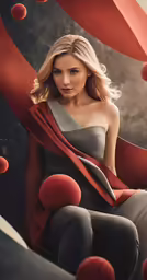 a blonde woman in a grey and red one shoulder top posing in a chair