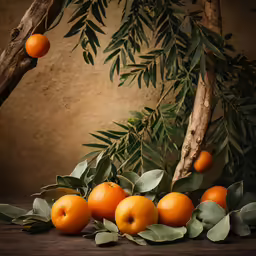 oranges and leaves sit on the table next to an orange tree