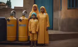 there are three women and two kids standing beside propane