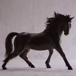 a horse running on the snow on a white surface