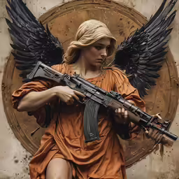an angel holding a rifle while standing in front of a plaque