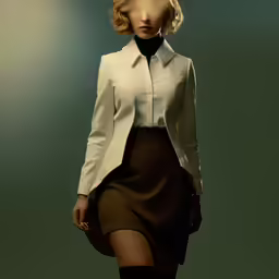 a woman with a skirt and top on the runway