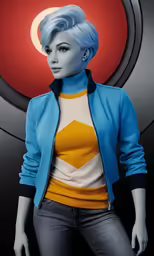 a woman in a blue jacket and black pants