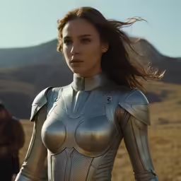 the woman in armor is walking next to a man