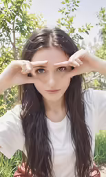 a girl in a park is posing for the camera