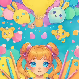 a drawing of a anime girl holding several pencils