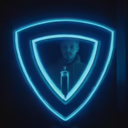 a man standing in front of a light blue sign