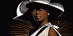 an artistic drawing of a woman in white and black with an ornate hat,a woman wearing a large black and white hat