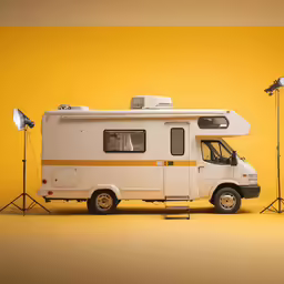 a camper van is parked near two lights on a yellow background