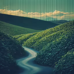 a pathway winds the narrow, mountainous valley
