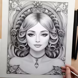 a woman with long hair and tia is holding her head in front of an ornate frame