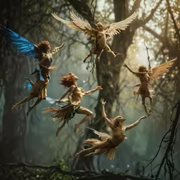 a series of fairy dust dolls floating on the forest floor