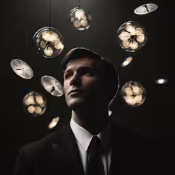 a man in a suit and tie standing in front of chandelier