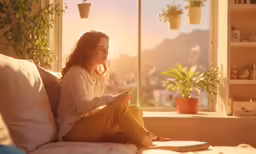 a girl sits on a couch while she looks out the window