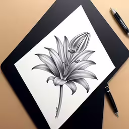 a pen and ink drawing on a black mat,a drawing of a flower that is next to some pens,a black and white drawing of a flower,a black and white drawing of a flower on a paper,a pen drawing a flower on top of a book