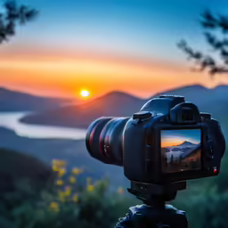 a photographer taking a photo of the sunset over a mountain