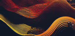 a stylized photo of colorful wavy lines with one person on the front,two people walking through an abstract wave pattern