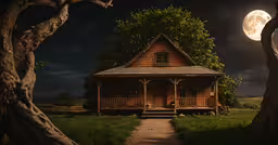 a small cabin is in a big green field,a small house sits on the grass with a full moon above it