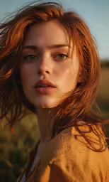 a woman standing in a field with her hair blowing