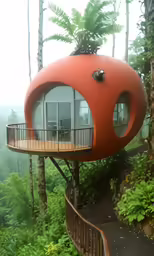 a tree house in the middle of the woods with its balcony on a hill