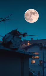 the full moon rises above a building in a city