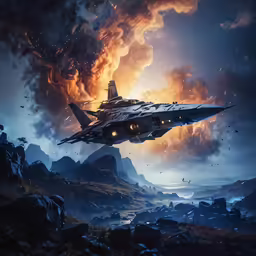 a space ship is flying near a rocky landscape with a volcano in the distance
