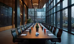 a conference table in a room with large windows