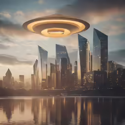 an alien spaceship flying over a large city