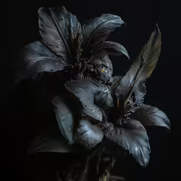 dark flowers on black background, from top down