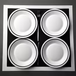 three plates and two forks are stacked on a piece of paper