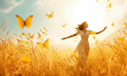 woman standing in a field of tall grass and a bright sun