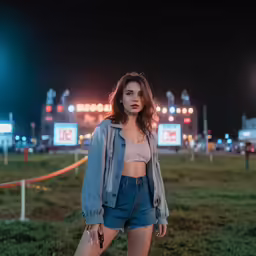 a woman is posing in front of a neon sign