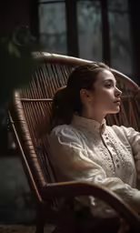 a woman sitting in a chair wearing a shirt