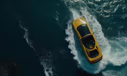 a water vehicle moving across the water and moving behind it