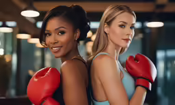 a pair of women standing next to each other with boxing gloves on