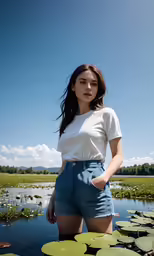 the woman is posing on the water with lily pads