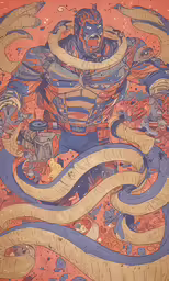 a painting with blue, pink and yellow colors on the top of it