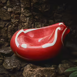 a red boat shaped like a canoe sitting on rocks