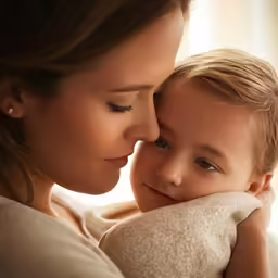 a mom hugging her son who is wearing a tan blanket