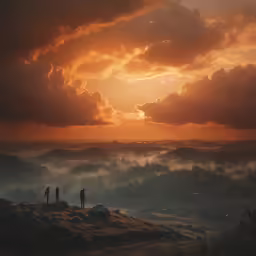 a group of people standing on top of a hill under a cloudy sky