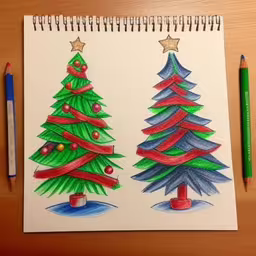 two different drawings of christmas trees on a table,a notebook with two christmas trees drawn on it,colored christmas trees on a table with markers,the drawings are of christmas trees,two trees with red ribbon on them